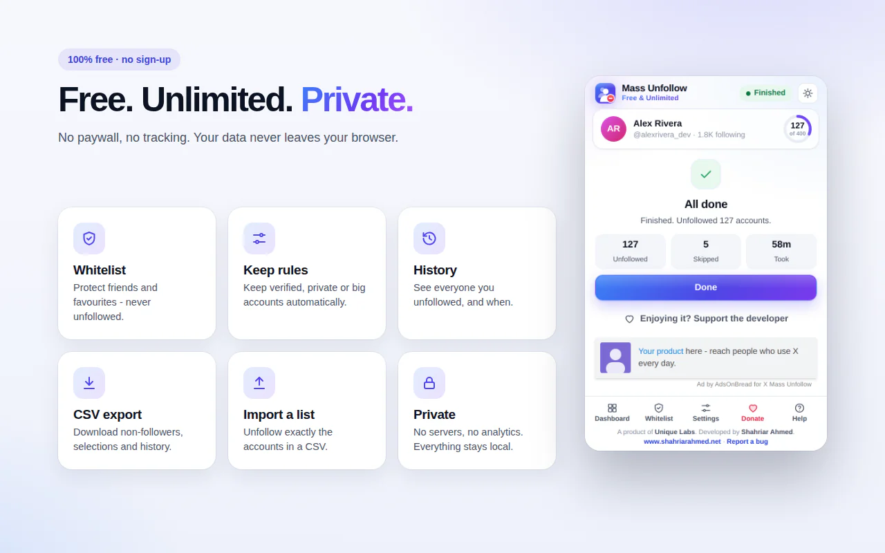 X Mass Unfollow features — whitelist, Keep rules, history, CSV export, list import and privacy — beside the popup after a finished run