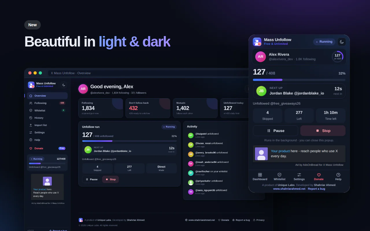 X Mass Unfollow in dark mode: the dashboard overview with stats, the unfollow run and the activity feed, beside the popup
