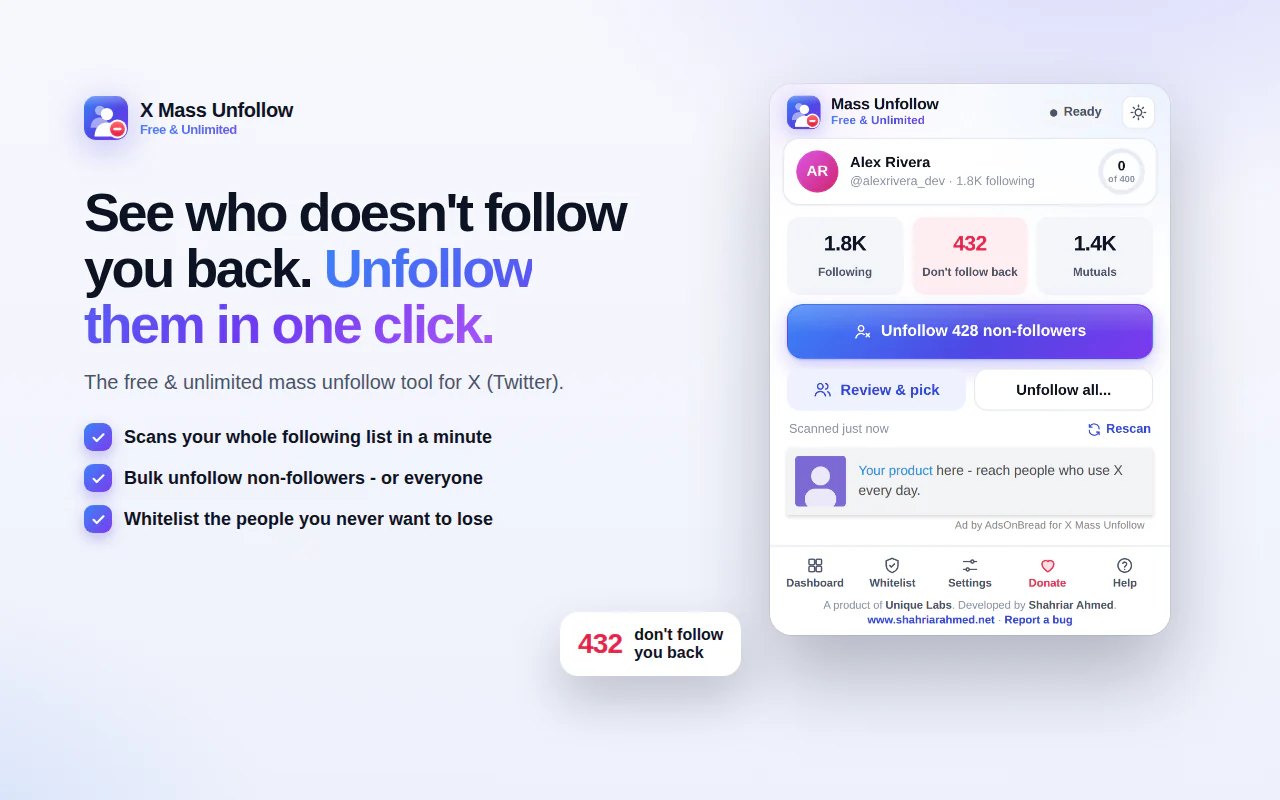 The X Mass Unfollow popup: 1.8K following, 432 accounts that don’t follow back and 1.4K mutuals, with one button to unfollow the non-followers